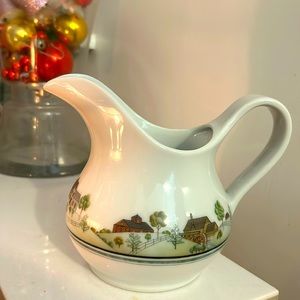 Estée Lauder Vintage pitcher in white with farm scene, rare and discontinued